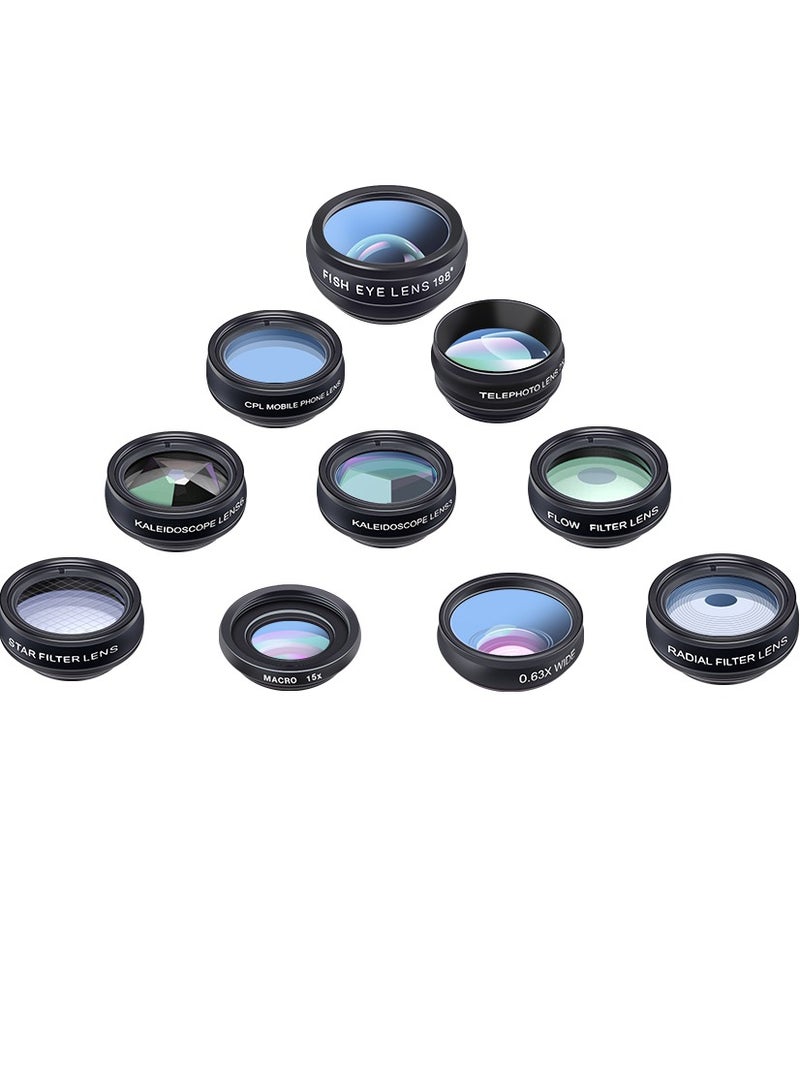 آبيكسل مجموعة عدسات كاميرا الهاتف 10 في 1 مع زاوية واسعة 0.63X + ماكرو 15X + عين سمكة 198 ° + تكبير 2X + فلتر CPL + فلتر نجمي + فلتر شعاعي + فلتر تدفق + كاليودوسكوب 3 + كاليودوسكوب 6 - Image 4