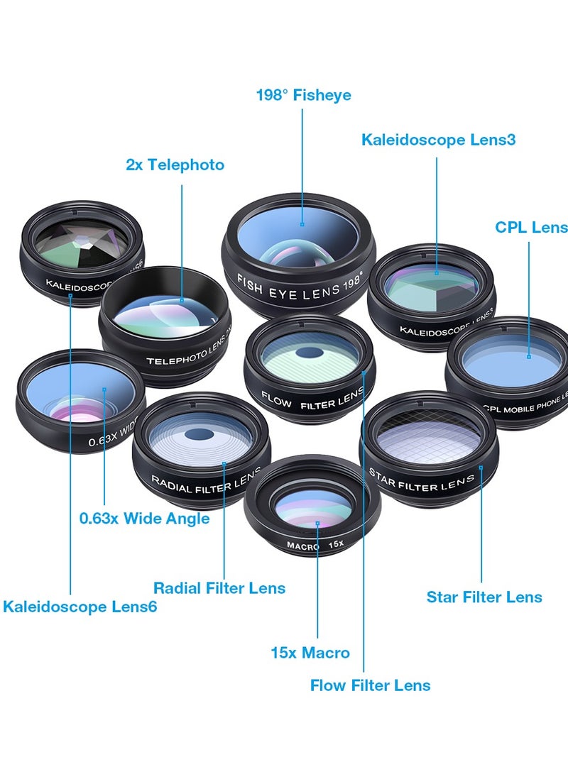 آبيكسل مجموعة عدسات كاميرا الهاتف 10 في 1 مع زاوية واسعة 0.63X + ماكرو 15X + عين سمكة 198 ° + تكبير 2X + فلتر CPL + فلتر نجمي + فلتر شعاعي + فلتر تدفق + كاليودوسكوب 3 + كاليودوسكوب 6 - Image 5