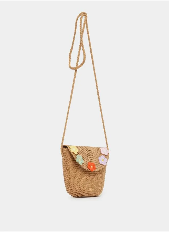 ستايلي Styli Straw Crossbody Bag with Flower Corsage Detail