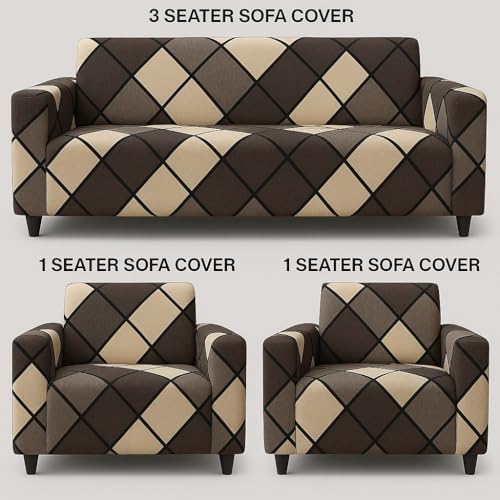 Outlay Home Gorgeous Printed | Fully Covered, Stretchable & Non-Slip Elastic Slipcover Protector Sofa Cover (Brown Check, 5 Seater (3+1+1) Sofa Cover) - Image 2