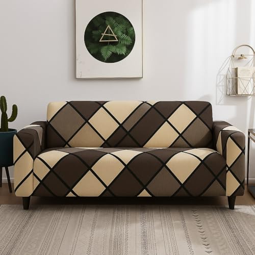 Outlay Home Gorgeous Printed | Fully Covered, Stretchable & Non-Slip Elastic Slipcover Protector Sofa Cover (Brown Check, 5 Seater (3+1+1) Sofa Cover) - Image 3