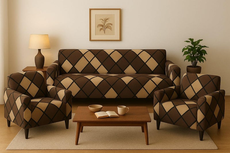 Outlay Home Gorgeous Printed | Fully Covered, Stretchable & Non-Slip Elastic Slipcover Protector Sofa Cover (Brown Check, 5 Seater (3+1+1) Sofa Cover) - Image 1
