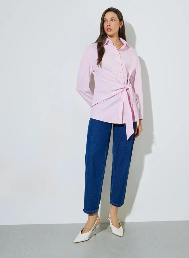Styli Pink Longline Tie-Front Relaxed Fit Shirt