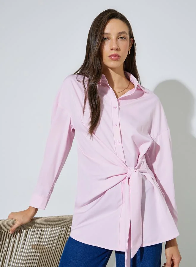 Styli Pink Longline Tie-Front Relaxed Fit Shirt