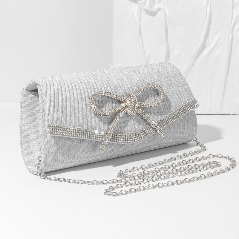 Trisapu Bow Evening Bag Sparkly Clutch Purses for Women Wedding Glitter Rhinestone Party Prom Purse Dressy Clutch Bags Silver - Image 3