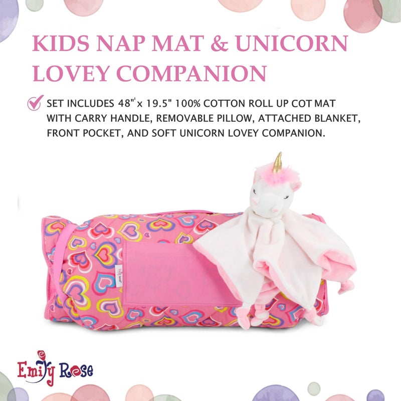 Emily Rose Toddler Nap Sleep Cot Mat for Kids Girls - Ideal for Travel, Preschool, Daycare, with Removable Pillow and Attached Soft Fleece Blanket - Includes Unicorn Lovey Toy | 100% Cotton - Image 4