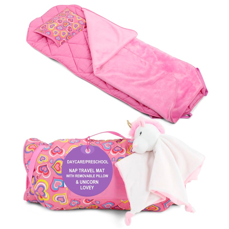 Emily Rose Toddler Nap Sleep Cot Mat for Kids Girls - Ideal for Travel, Preschool, Daycare, with Removable Pillow and Attached Soft Fleece Blanket - Includes Unicorn Lovey Toy | 100% Cotton - Image 1