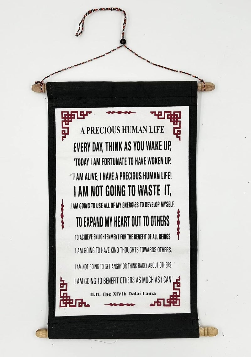 DharmaObjects Dalai Lama Quotes Cotton Canvas Scroll - A Precious Human Life - Image 1