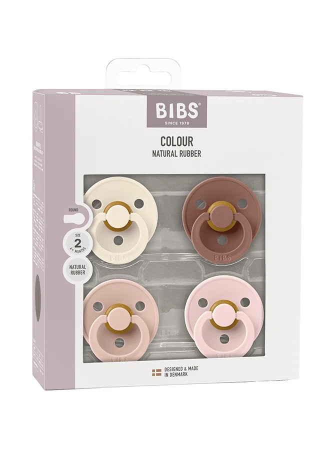 BIBS Colour Round Pacifier, 4 Pieces, Latex Size 2, 6 - 18 Months, Ivory Blush Woodchuck, Natural Rubber Pacifier Pack, Bpa - Free And Skin - Friendly