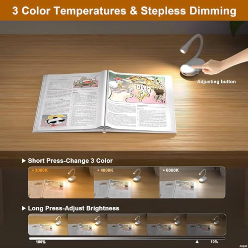 Dravina Rechargeable Book Reading Light with Clip- 3 Color LED Modes 360° Rotating Study Lamp for Night Reading, Bedside, Study Table Lamp, Eye Caring, USB Charging, Portable - Image 2