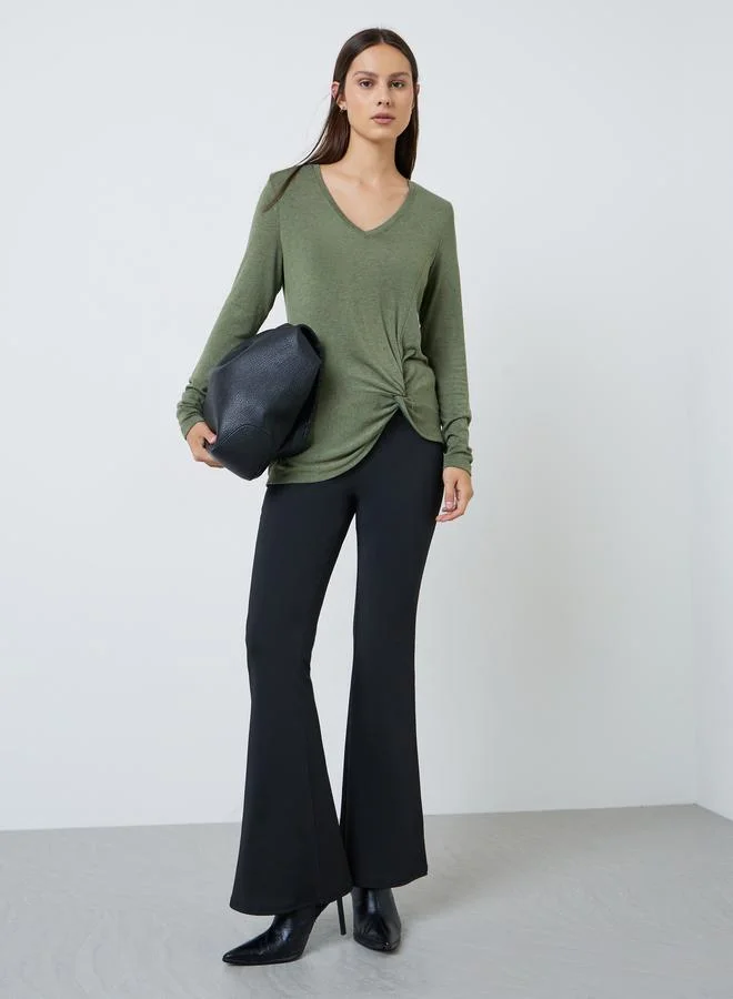 Styli Green V Neck Twisted Hem Knit Top