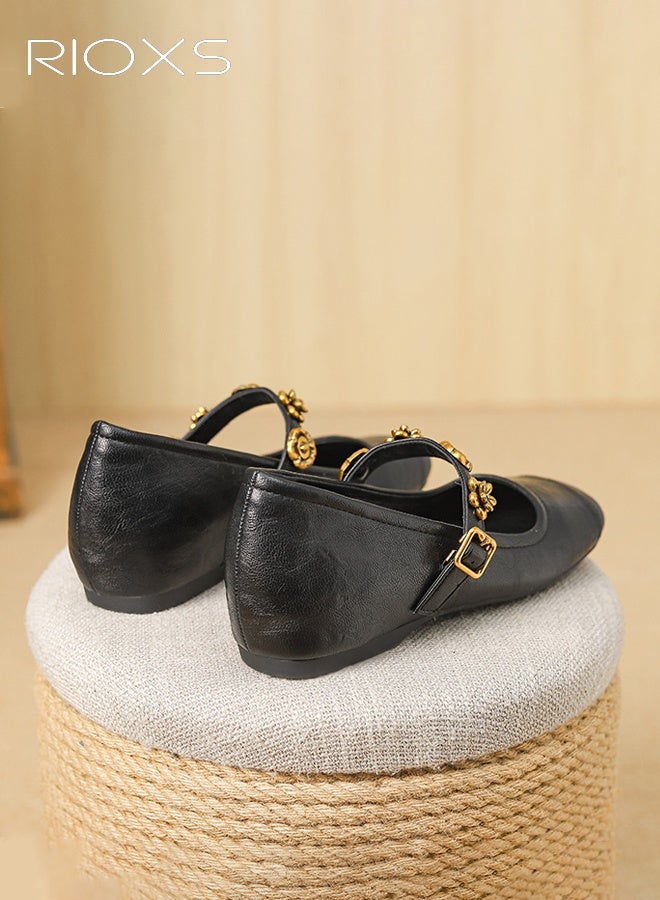 RIOXS Women's Mary Jane Shoes, Square Toe Ladies Ballet Flats with Ankle Strap, Retro Style Dressy Shoes, Comfortable Hidden Heel Internal Increase Slip On Flats for Work/ Party/ Daily Leisure- Black - Image 5