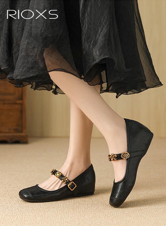 RIOXS Women's Mary Jane Shoes, Square Toe Ladies Ballet Flats with Ankle Strap, Retro Style Dressy Shoes, Comfortable Hidden Heel Internal Increase Slip On Flats for Work/ Party/ Daily Leisure- Black - Image 1