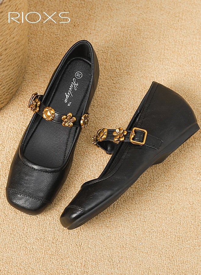 RIOXS Women's Mary Jane Shoes, Square Toe Ladies Ballet Flats with Ankle Strap, Retro Style Dressy Shoes, Comfortable Hidden Heel Internal Increase Slip On Flats for Work/ Party/ Daily Leisure- Black - Image 4