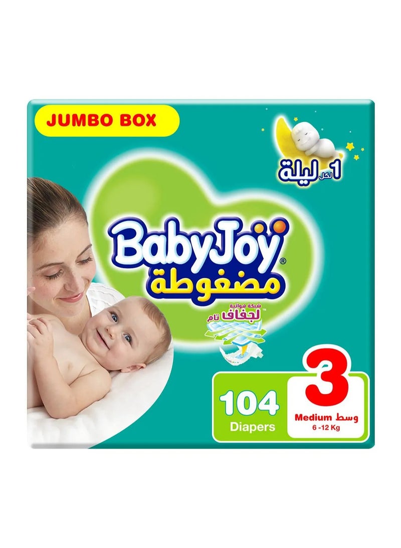 حفاضات بيبي جوي بتصميم شريط وسادة الماس المضغوط، 104 قطعة، صندوق كبير، الحجم 3 متوسط، 6-12 كجم - حماية من التسرب لمدة 12 ساعة، ناعمة كالقطن، مرونة في الخصر، قابلة للتنفس