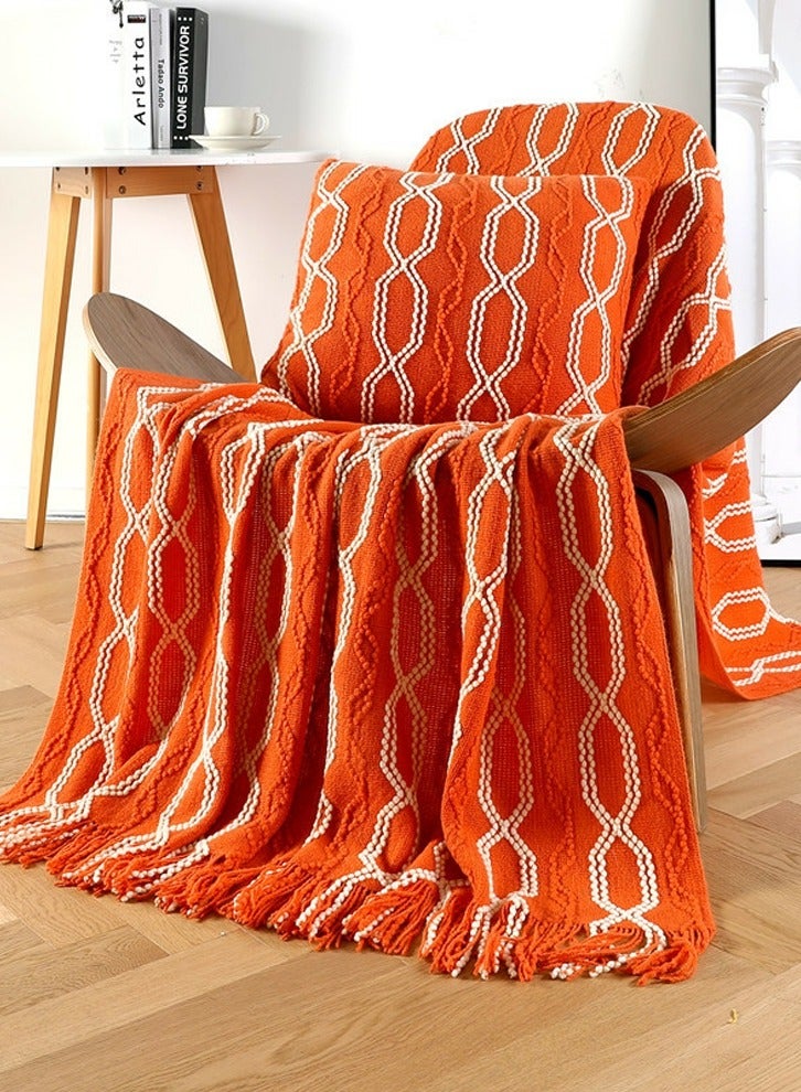 إسكدنيا Bohemian Style Tassel Design Knitted Soft Throw Blanket Keep Warm Orange/White  Bohemian Style Tassel Design Knitted Soft Throw Blanket Keep Warm Orange/White  بوهيميا نمط شرابة تصميم محبوك بطانية لي - Image 1