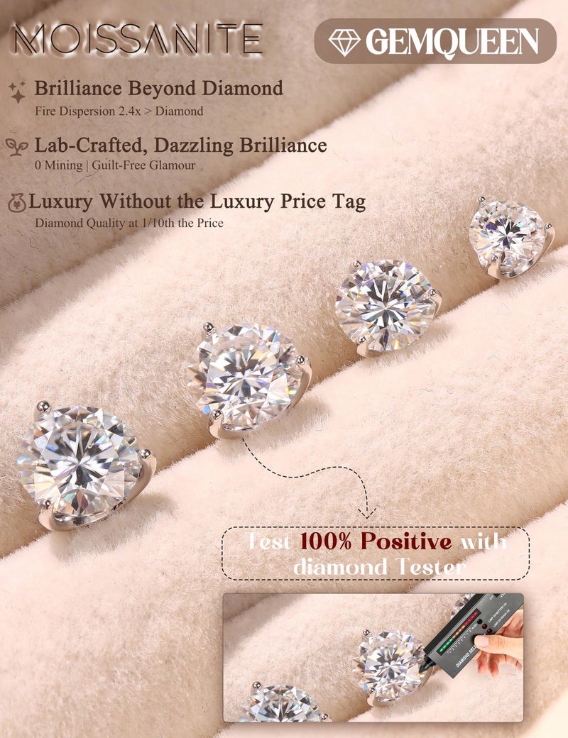GEMQUEEN Moissanite Earrings Studs for Men Women - 18K White Gold Plated Solid 925 Sterling Silver Stud Earring Mens Moissanite Jewelry Hypoallergenic for Sensitive Earrings Brilliant Round Cut 4ct - Image 3