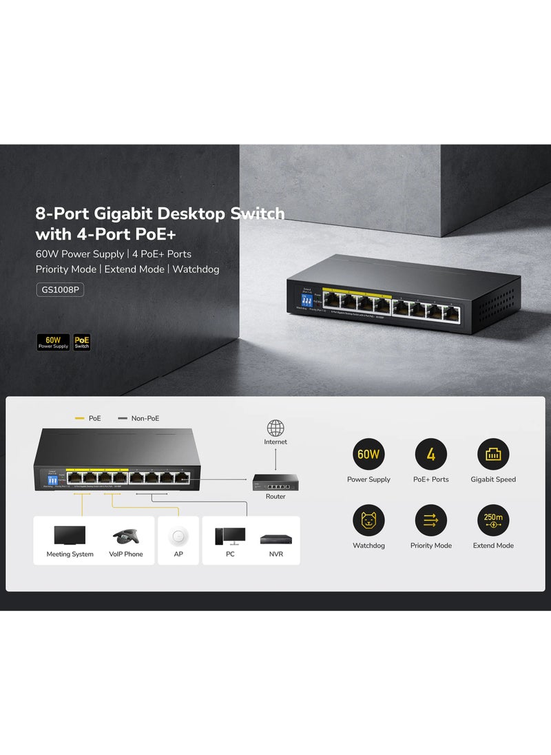 cudy 8 Port Gigabit Desktop Switch with 4 Port PoE+ Ports Priority Mode 60W Power Supply, Extended Mode, Ethernet Splitter - Desktop  - Image 3