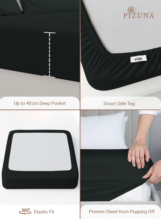 Pizuna Pure 100% Cotton Twin Fitted Bed Sheet 120x200 cm Black, 400 Thread Count Cool Luxury Soft Long Staple Cotton Sateen Weave, Deep Pocket Bedsheet Fits 40cm (Fitted Sheet -1PC) - Image 4