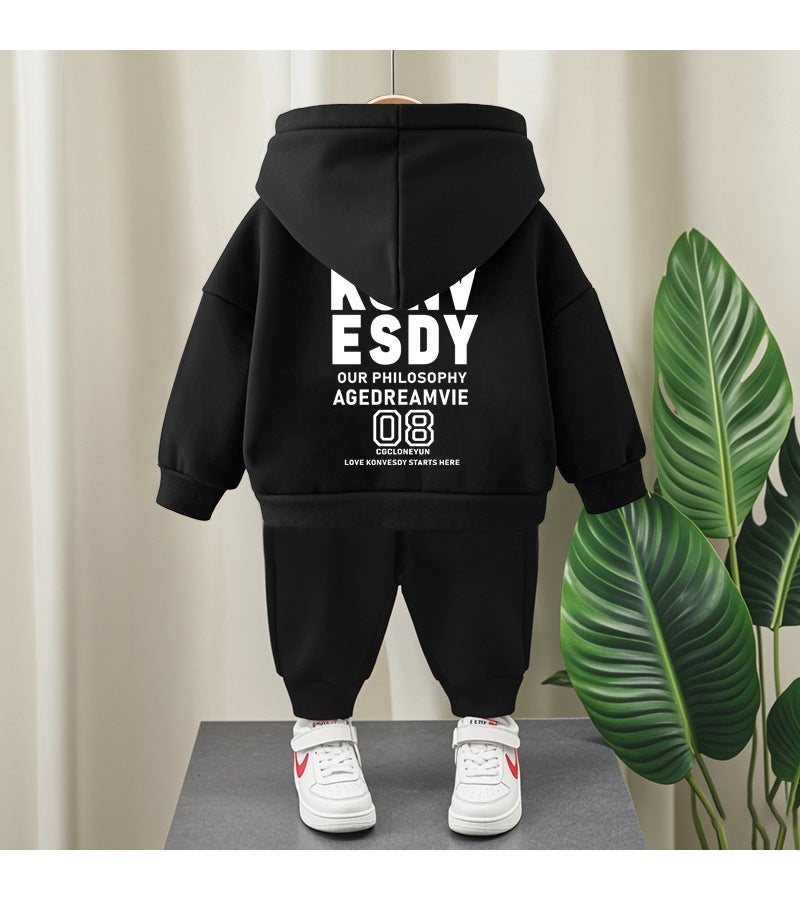 Boys And Girls Suit Big Children Hooded Sweater Cotton Fleece-Lined Thick - Image 1