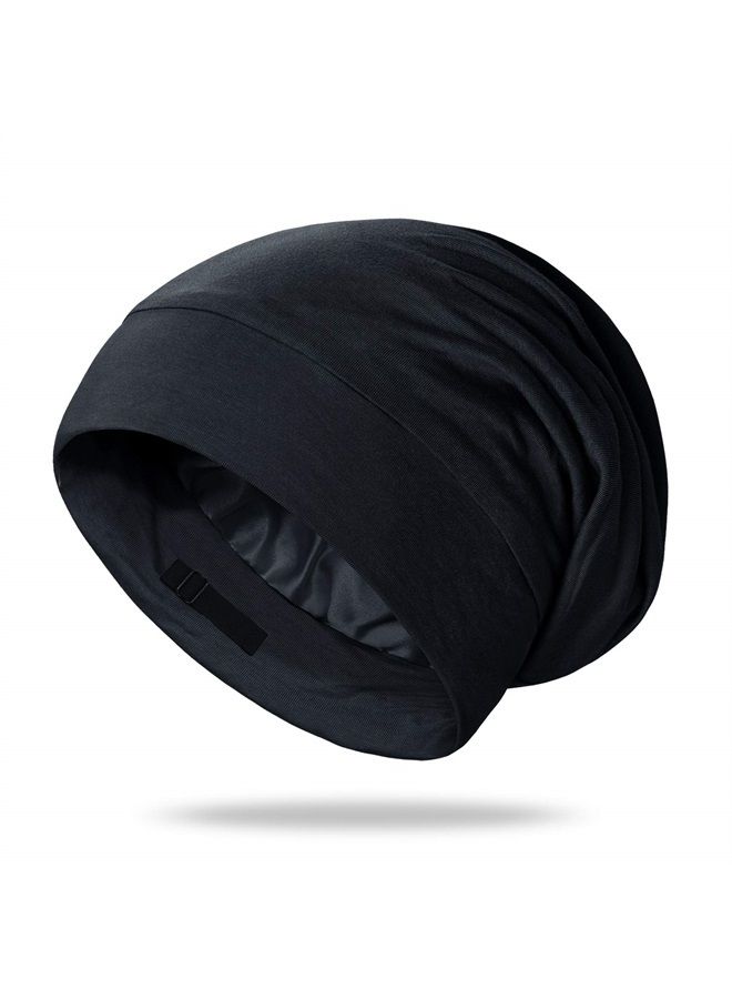 OLESILK Silk Lined Sleep Cap for Men&Women, Mulberry Hair Bonnet Cover for Sleeping, Night Cap Slouchy Beanie Hat for Frizzy Hair, Black - Image 1