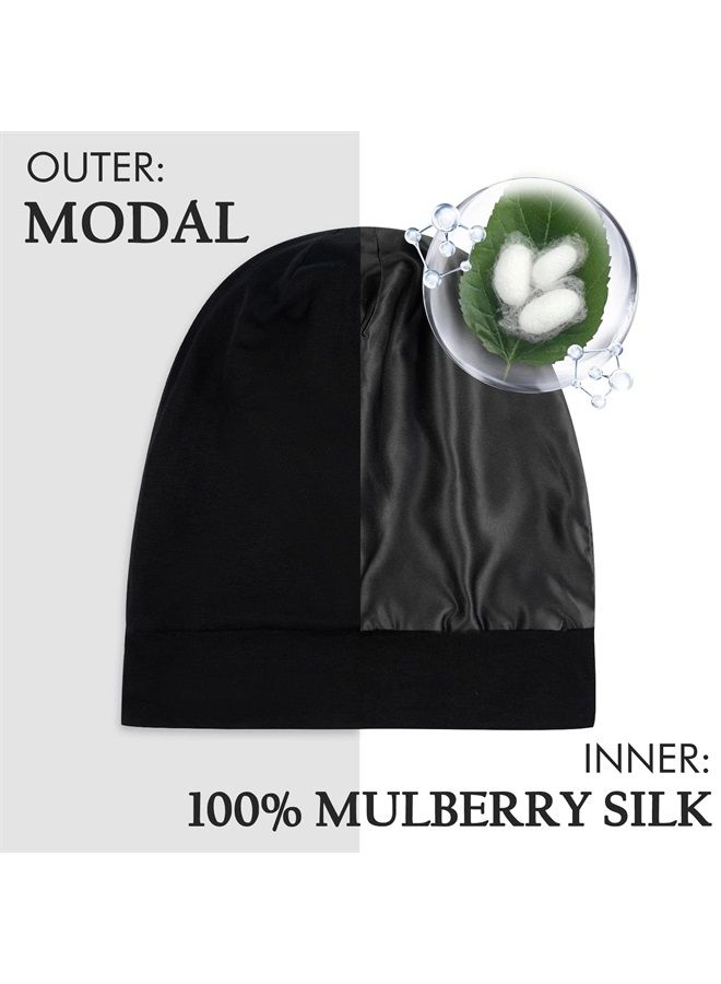 OLESILK Silk Lined Sleep Cap for Men&Women, Mulberry Hair Bonnet Cover for Sleeping, Night Cap Slouchy Beanie Hat for Frizzy Hair, Black - Image 2