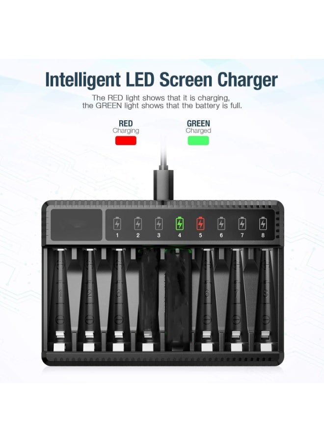 8 Bay AA AAA Battery Charger, 600mA High Speed Charging and USB Input LED Battery Charger for 1.2V Ni-MH/Ni-CD Rechargeable Batteries Type-C Cable Included) - Image 3
