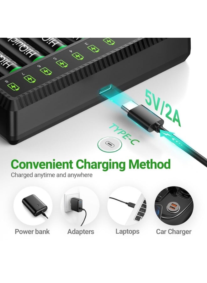 8 Bay AA AAA Battery Charger, 600mA High Speed Charging and USB Input LED Battery Charger for 1.2V Ni-MH/Ni-CD Rechargeable Batteries Type-C Cable Included) - Image 4