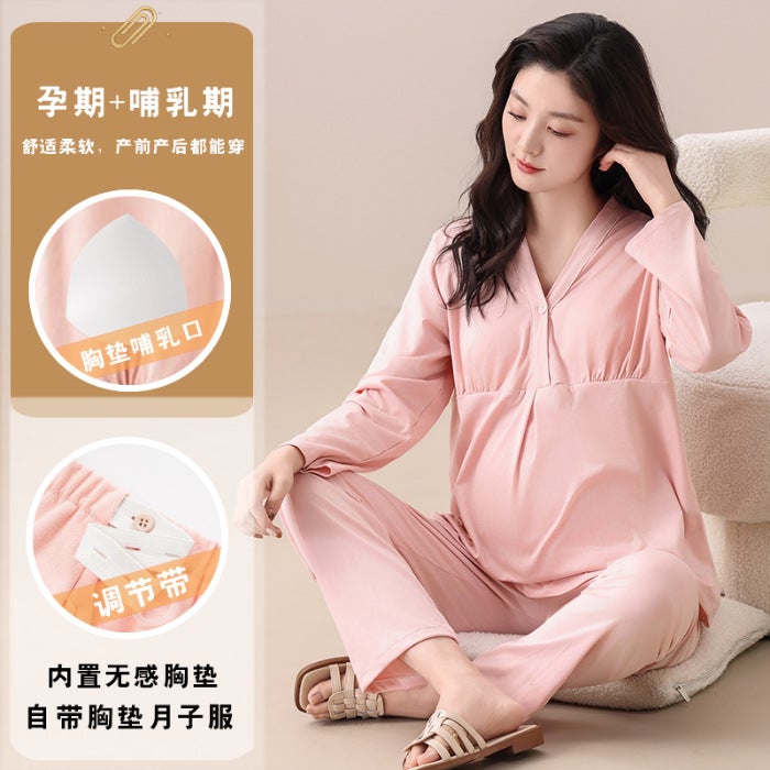 Postpartum Clothing With Breast Pads, Thin Cloud Cotton Postpartum Breastfeeding Clothing, Loose Maternity Pajamas Two-Piece Set - Image 1