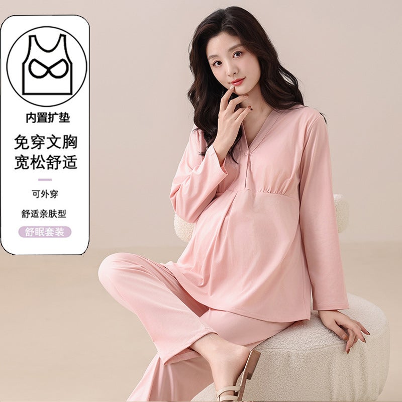 Postpartum Clothing With Breast Pads, Thin Cloud Cotton Postpartum Breastfeeding Clothing, Loose Maternity Pajamas Two-Piece Set - Image 3