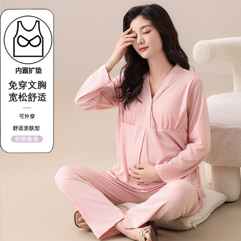 Postpartum Clothing With Breast Pads, Thin Cloud Cotton Postpartum Breastfeeding Clothing, Loose Maternity Pajamas Two-Piece Set - Image 2