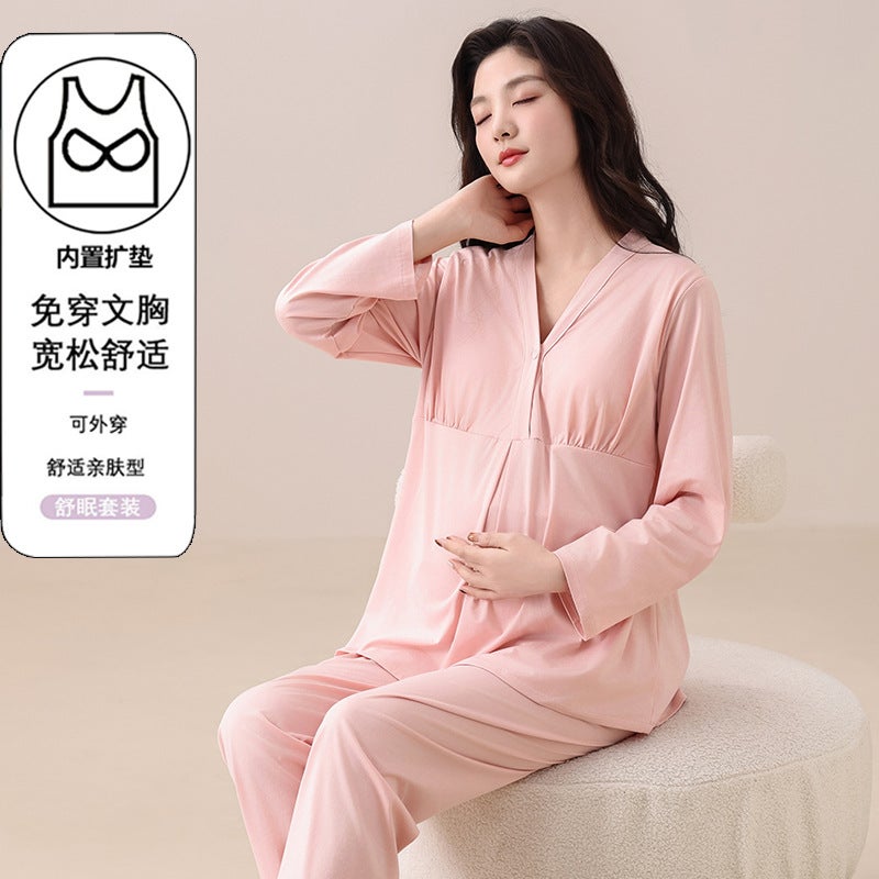Postpartum Clothing With Breast Pads, Thin Cloud Cotton Postpartum Breastfeeding Clothing, Loose Maternity Pajamas Two-Piece Set - Image 4