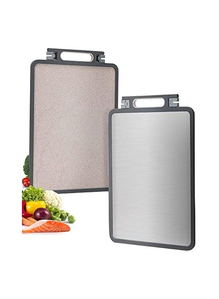 هالامودو ألواح تقطيع مزدوجة الجوانب من الفولاذ المقاوم للصدأ، لوح تقطيع غير قابل للانزلاق، أدوات مطبخ متينة للفاكهة والخضروات واللحوم، مقاس كبير 45 × 31 سم (رمادي، 1) - Image 1