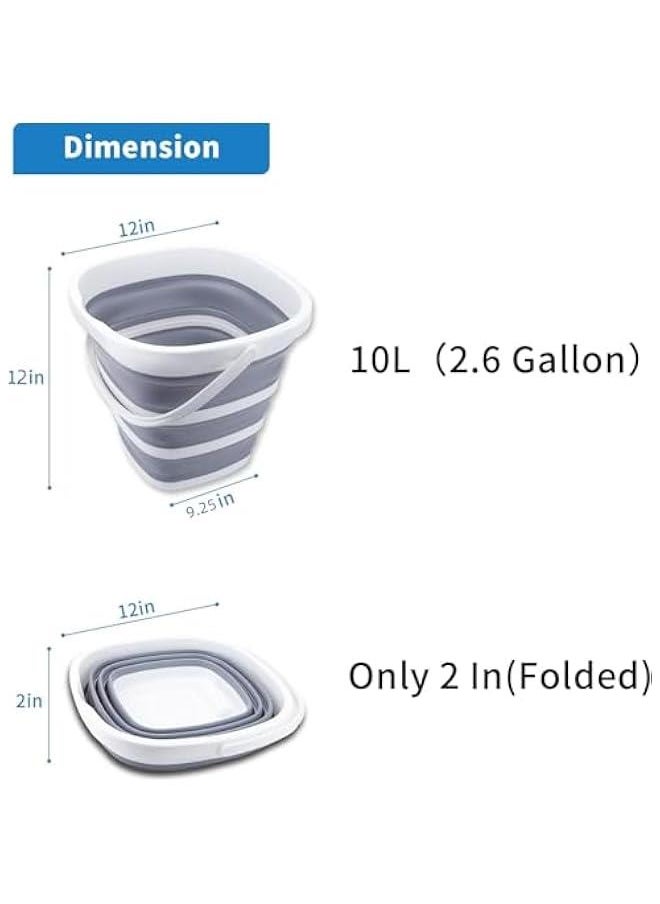 HOOKOR Collapsible Bucket 10L 2.6 Gallon Cleaning Bucket Mop Bucket Folding Foldable Portable Small Plastic Water Supplies for Outdoor Garden Camping Fishing Car Wash Space Saving Square (Grey)  - Image 2