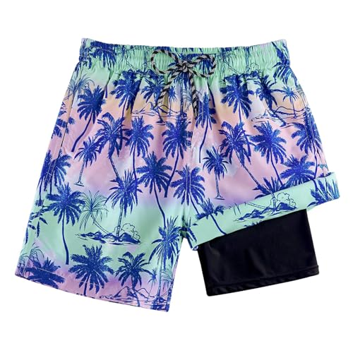 Cozople Teen Boys Swim Trunks with Boxer Brief Liner Bathing Suit Hawaii Blue Palm Tree Graphic Swimming Shorts Quick Dry Stretchy Compression Anti Chafe Swimsuit Size 14 - Image 1