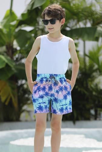 Cozople Teen Boys Swim Trunks with Boxer Brief Liner Bathing Suit Hawaii Blue Palm Tree Graphic Swimming Shorts Quick Dry Stretchy Compression Anti Chafe Swimsuit Size 14 - Image 2