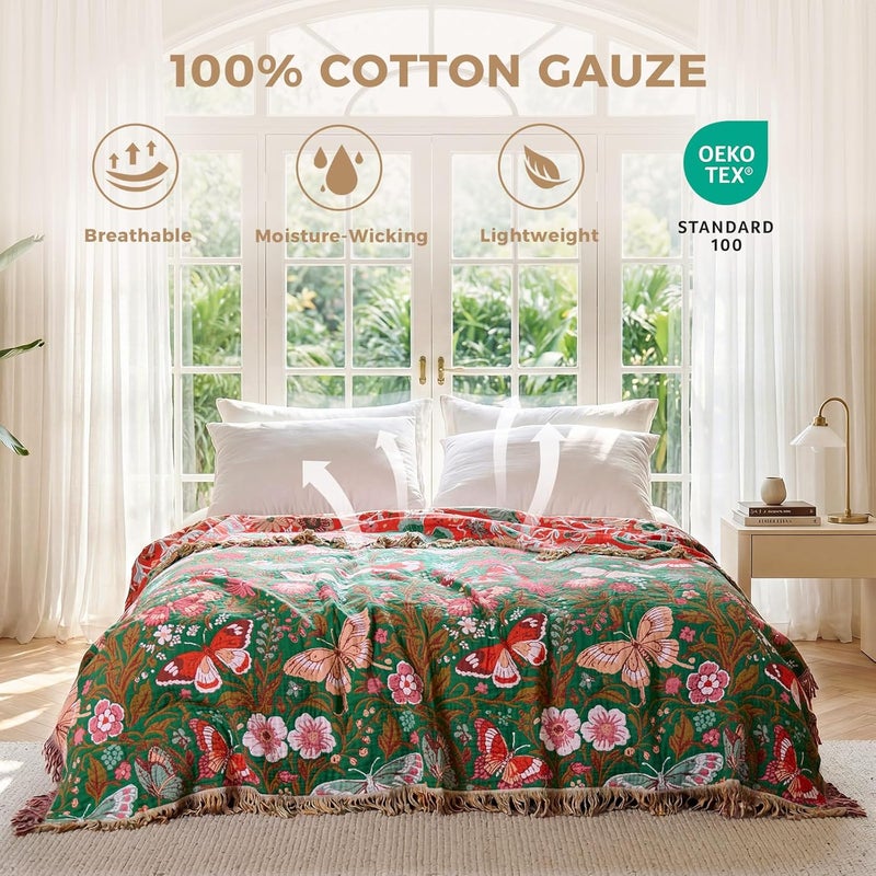 LUTBM Boho Throw Blanket for Bed Cotton Blankets Twin Size for Bedroom Living Room All Season Lightweight Butterflies Embroidery Quilt for Couch Sofa Chair 60"x80" - Image 2