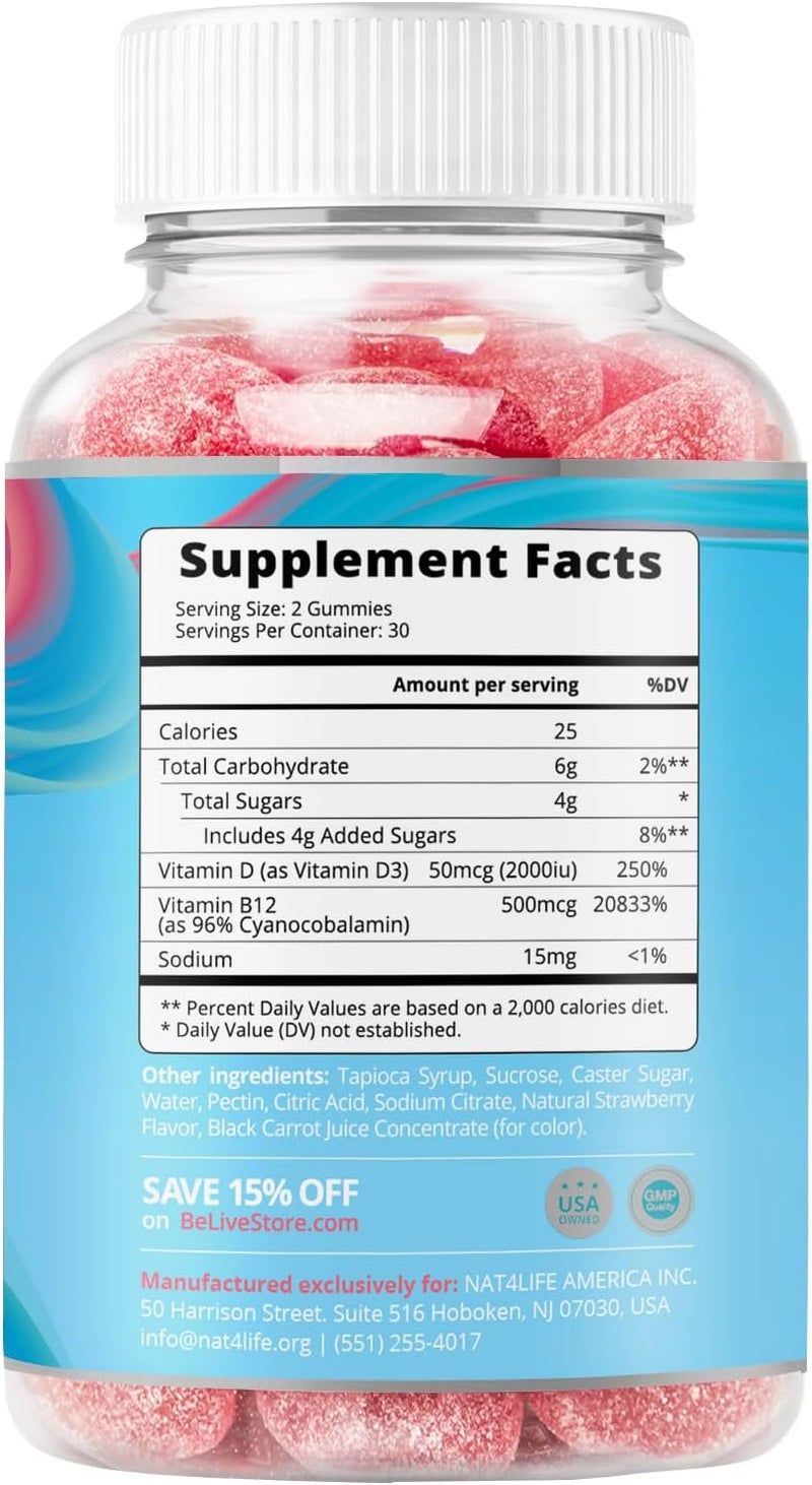 BeLive Vitamin D3 Gummies with B12 Vitamins  Immune Support Gummies with Vegan Vitamin B12  D3 Provides Enhanced Bone  Muscle Strength Hearth Health and Energy  Strawberry Flavor  2Pack - Image 2