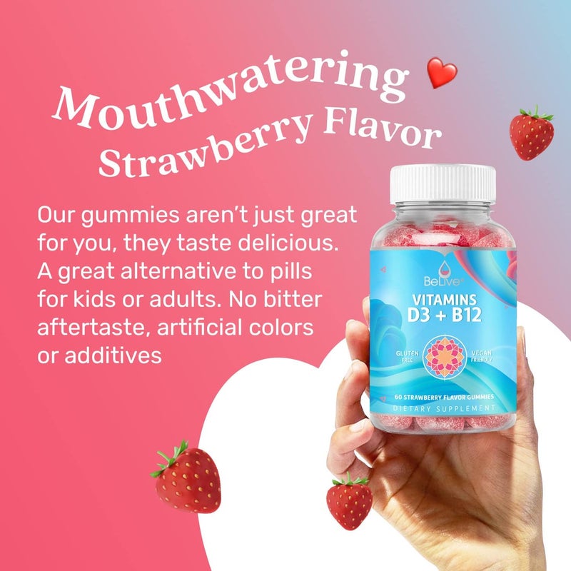BeLive Vitamin D3 Gummies with B12 Vitamins  Immune Support Gummies with Vegan Vitamin B12  D3 Provides Enhanced Bone  Muscle Strength Hearth Health and Energy  Strawberry Flavor  2Pack - Image 5