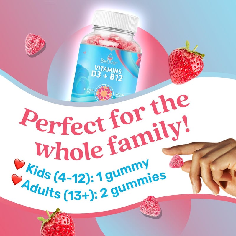 BeLive Vitamin D3 Gummies with B12 Vitamins  Immune Support Gummies with Vegan Vitamin B12  D3 Provides Enhanced Bone  Muscle Strength Hearth Health and Energy  Strawberry Flavor  2Pack - Image 3