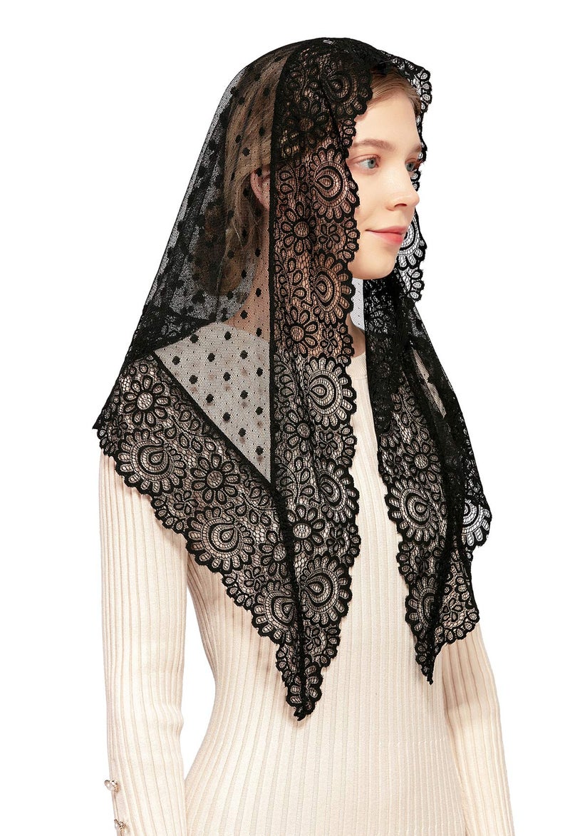 Wgior Triangle Vintage Inspired Lace Chapel Veils Catholic Mass Head Covering Scarf Mantilla Veils for Church (Black) - Image 1