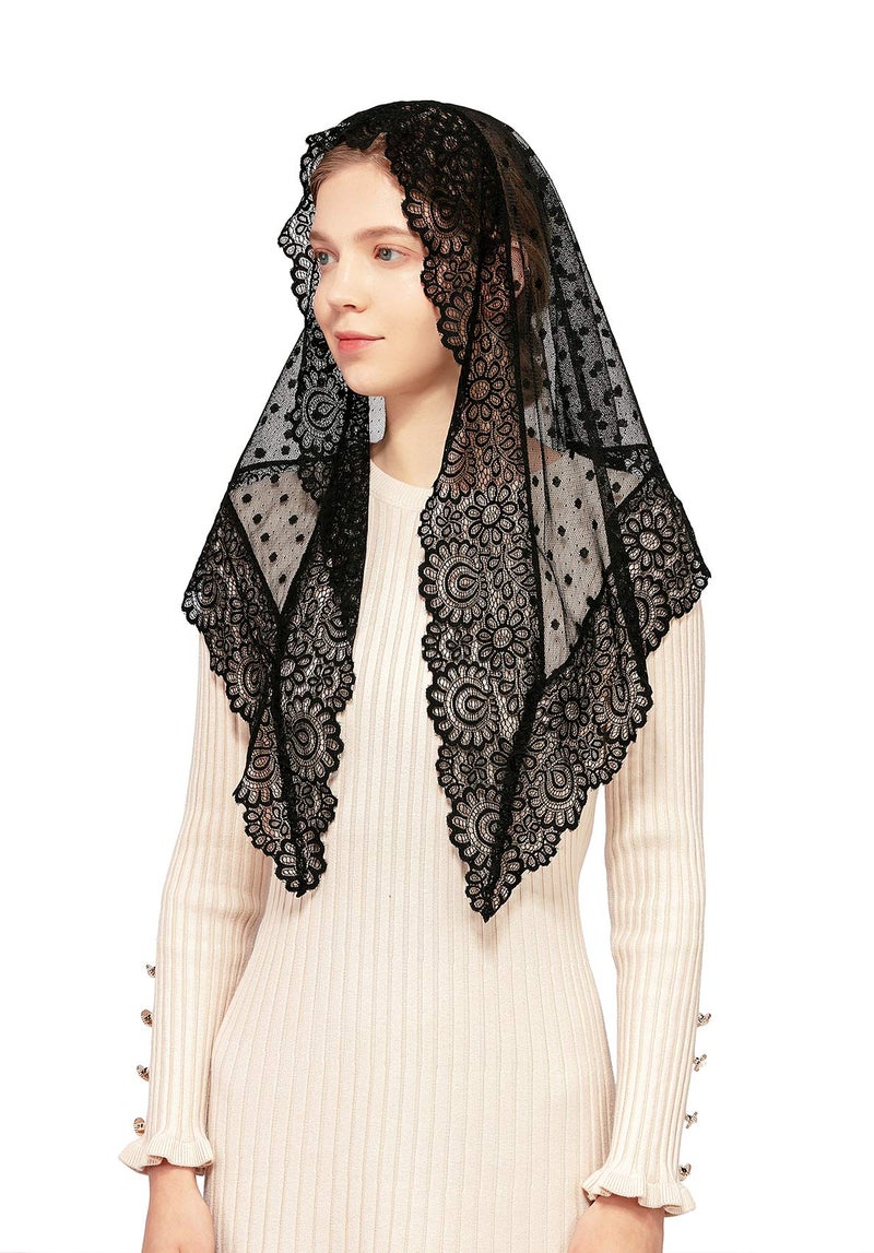 Wgior Triangle Vintage Inspired Lace Chapel Veils Catholic Mass Head Covering Scarf Mantilla Veils for Church (Black) - Image 2