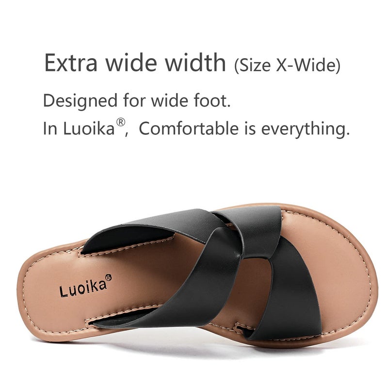 Luoika Women's Wide Width Flat Slides Sandals, Strapy Slide Sandal Slip on Dressy Summer Shoes for Women. 210901,Black,8XW - Image 4