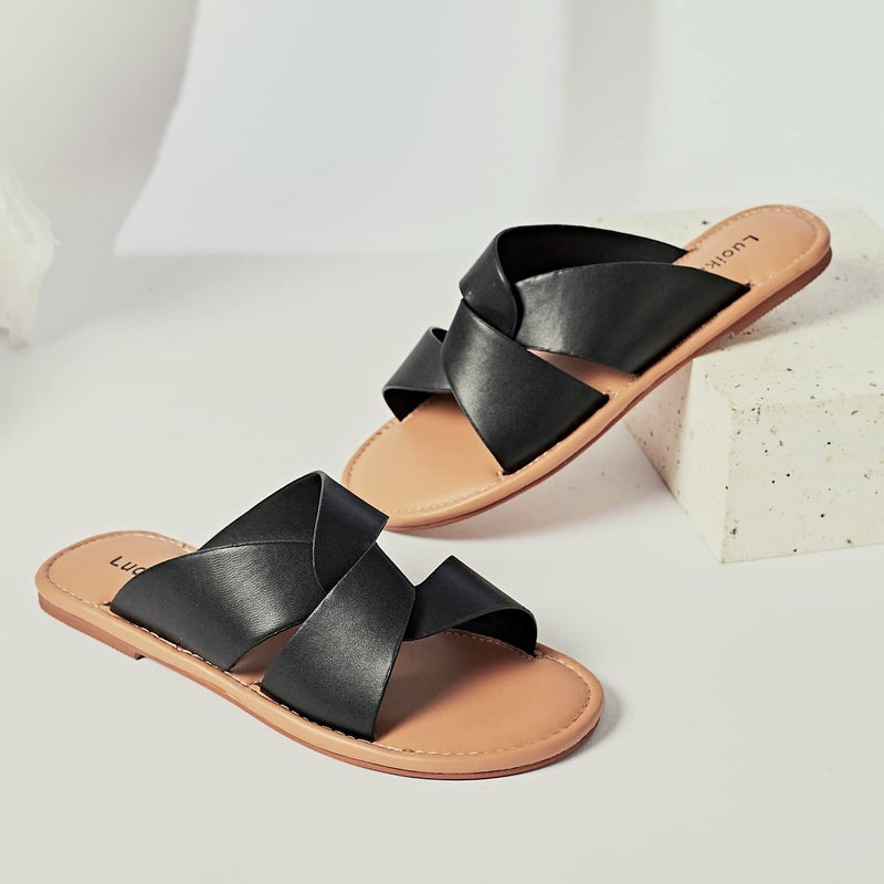 Luoika Women's Wide Width Flat Slides Sandals, Strapy Slide Sandal Slip on Dressy Summer Shoes for Women. 210901,Black,8XW - Image 3
