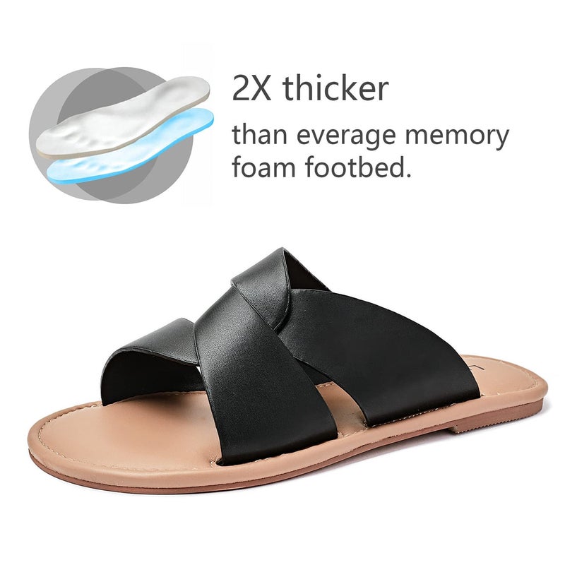 Luoika Women's Wide Width Flat Slides Sandals, Strapy Slide Sandal Slip on Dressy Summer Shoes for Women. 210901,Black,8XW - Image 5