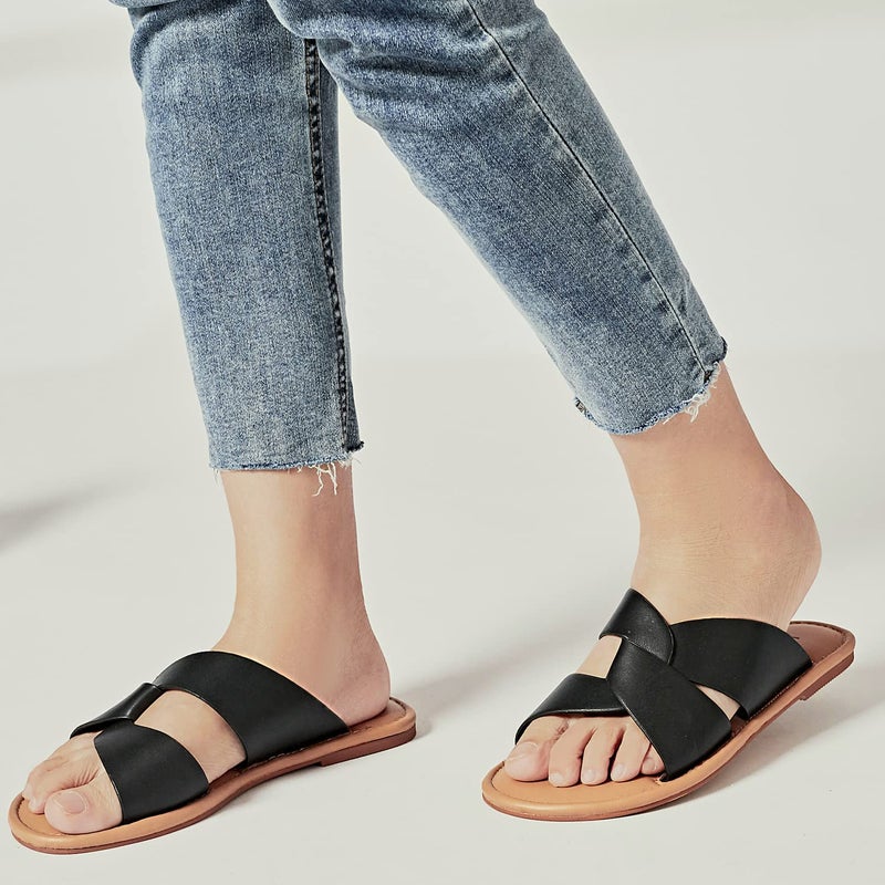 Luoika Women's Wide Width Flat Slides Sandals, Strapy Slide Sandal Slip on Dressy Summer Shoes for Women. 210901,Black,8XW - Image 2