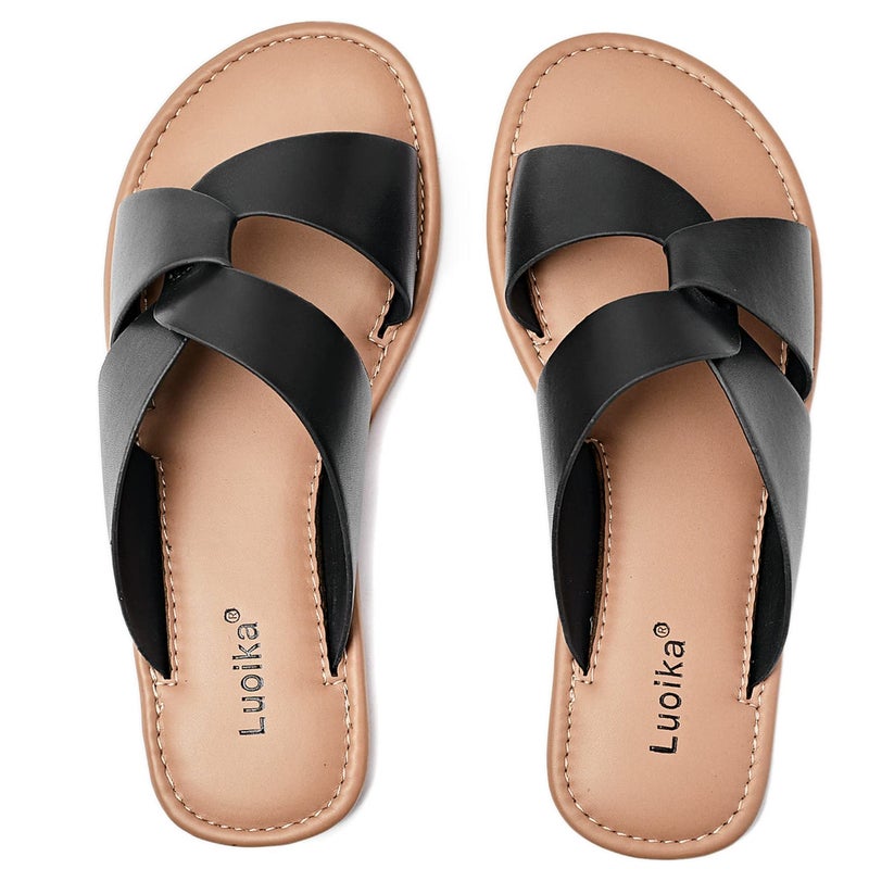 Luoika Women's Wide Width Flat Slides Sandals, Strapy Slide Sandal Slip on Dressy Summer Shoes for Women. 210901,Black,8XW - Image 1