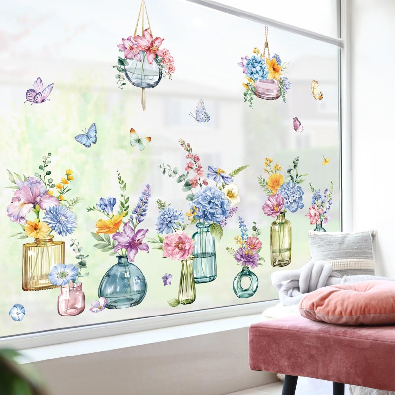decalmile Spring Summer Potted Flowers Vase Window Clings Double Sided Blue Purple Wildflower Butterflies Window Decals Anti-Collision Glass Doors Window Stickers - Image 3