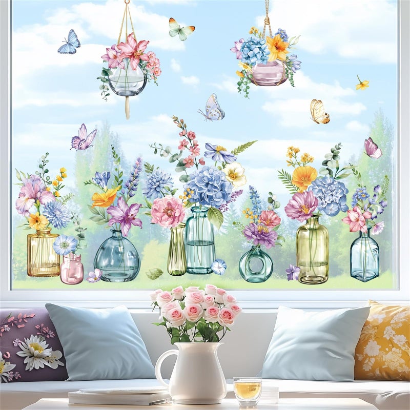 decalmile Spring Summer Potted Flowers Vase Window Clings Double Sided Blue Purple Wildflower Butterflies Window Decals Anti-Collision Glass Doors Window Stickers - Image 1