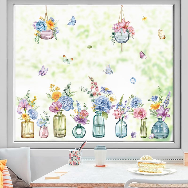 decalmile Spring Summer Potted Flowers Vase Window Clings Double Sided Blue Purple Wildflower Butterflies Window Decals Anti-Collision Glass Doors Window Stickers - Image 4